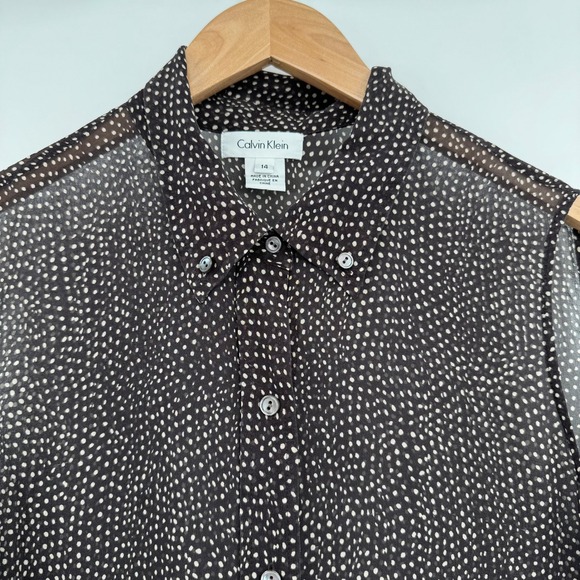 Calvin Klein Brown Polka Dot Sleeveless Sheer Silk Button Front‎ Blouse Sz 14 - Picture 3 of 11